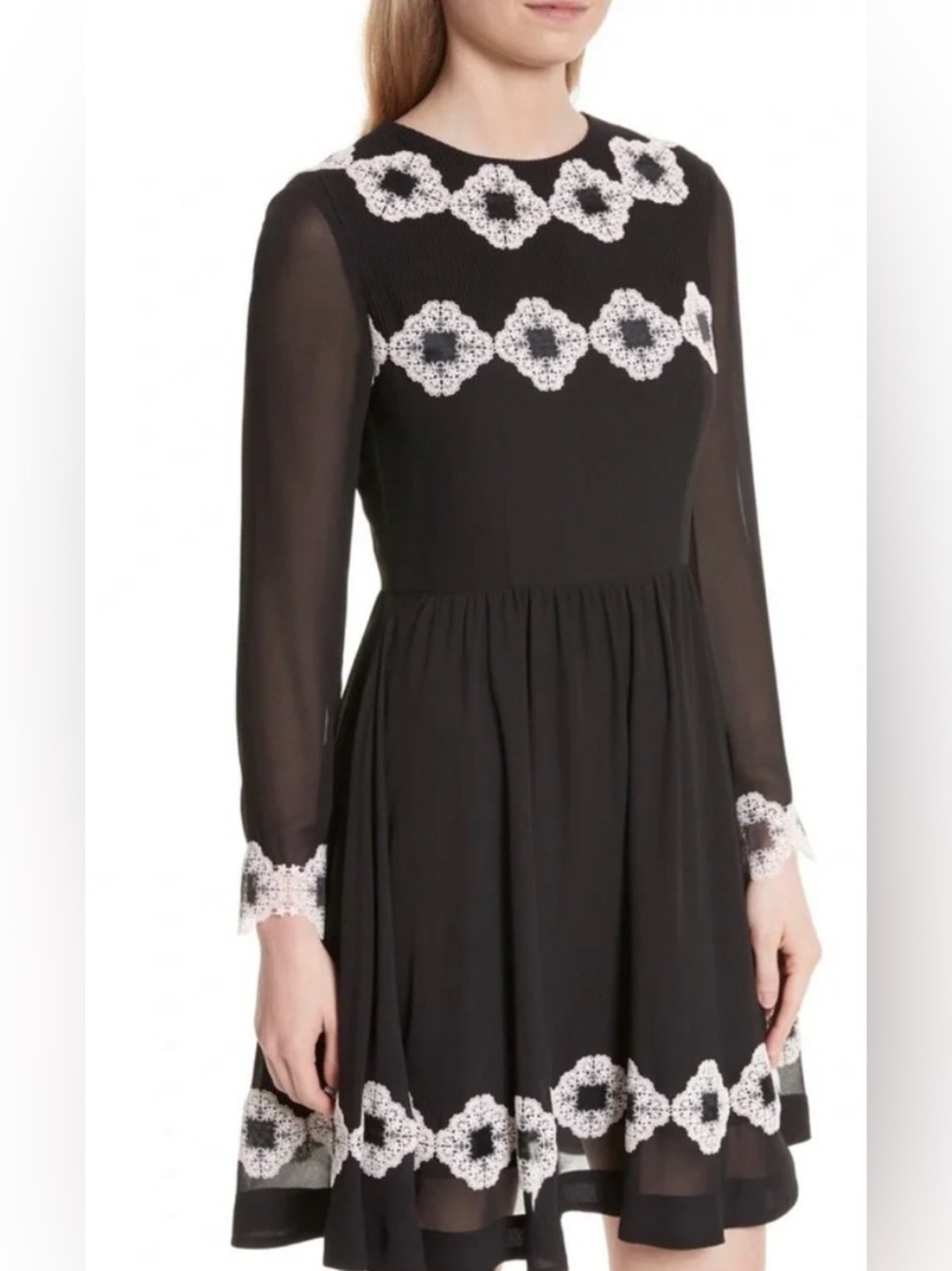 Ted Baker Avianah Black with Ivory Lace Appliqué Fit & Flare Dress